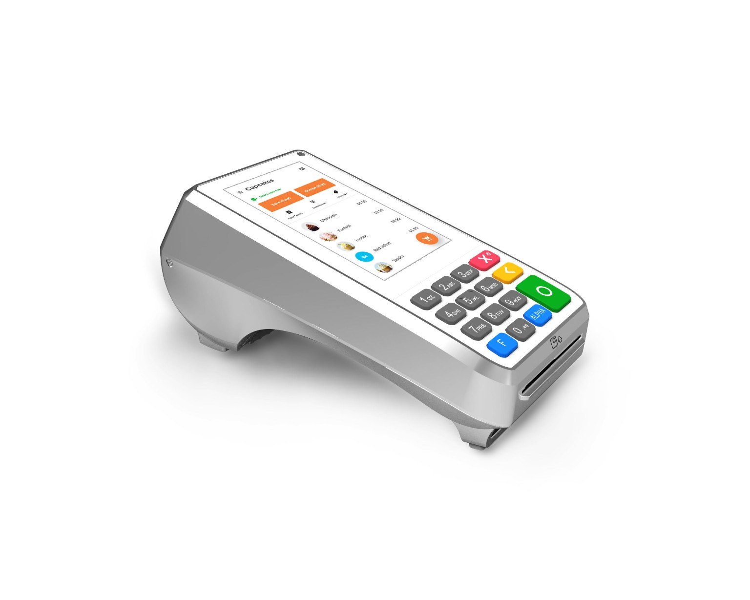 Angled view of a handheld payment terminal