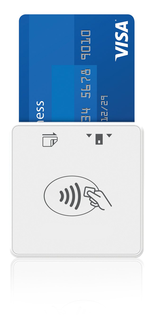 Contactless reader shown with a Visa card