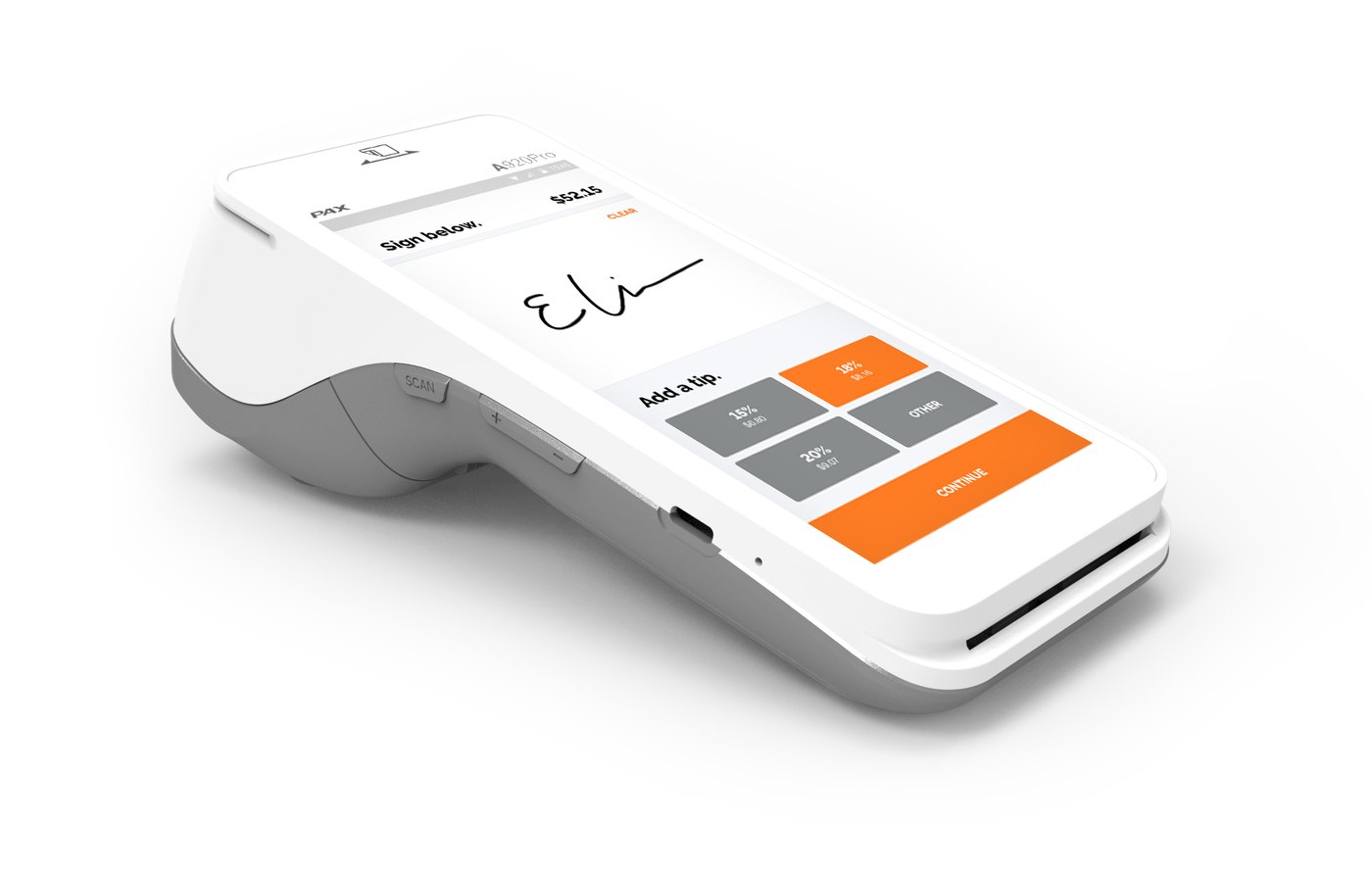 Angled payment terminal showing a transaction screen