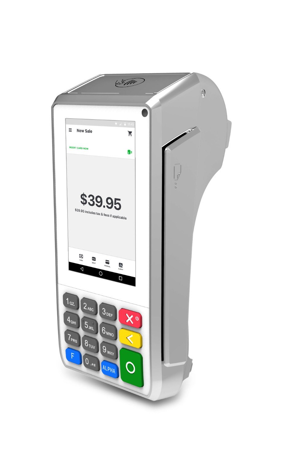 White payment terminal displaying a sample sale