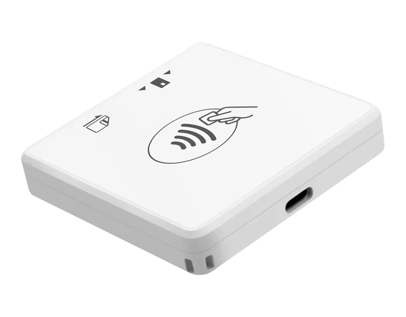 Compact contactless payment reader viewed from the side