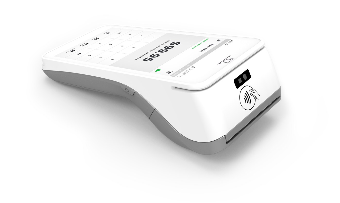 Side view of a touchscreen payment terminal
